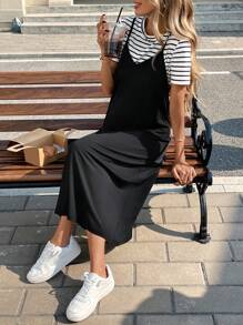 SHEIN LUNE Women 2pcs/Set Casual Striped Camisole & Mid-Length Dress, Spring/Summer Daily Basic Set - Black and White - View 7