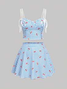 SHEIN MOD Plus Size Women Blue & White Plaid Crop Top With Tie Straps & Short Flared Skirt Set, Vacation Countryside Outfit