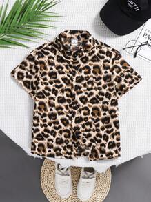 SHEIN Young Boy Collared Patchwork Plaid Short Sleeve Shirt With Contrast Button - Multicolor - View 1