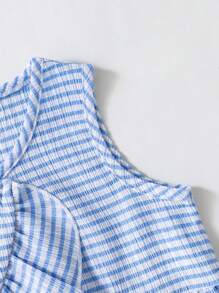 SHEIN 2pcs/Set Young Girls Textured Crinkle Plaid Sleeveless Top With Ruffle Trim Asymmetrical Hem And Wide Leg Pants, Casual Resort Vacation Outfit - Blue - View 5