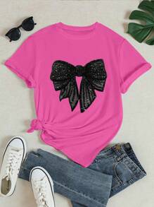 INAWLY Women Round Neck Minimalist T-Shirt, Suitable For Summer - Hot Pink - View 3