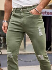 Manfinity Homme Men's Olive Green Distressed Jeans - Army Green - View 5