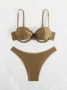 Swim SXY New Spaghetti Strap Criss-Cross Back Sexy Green Shimmer Women Swimwear Set For Summer Beach Vacation - Brown - View 6