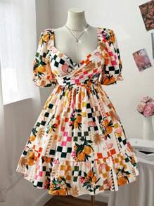 Flirla Đầm dài đến đầu gối họa tiết trái cây in cổ gà cho nữ cỡ lớn, dáng chữ A, nhiều lớp, thắt eo, giản dị, thanh lịch, ngày lễ - Nhiều màu - Xem 1
