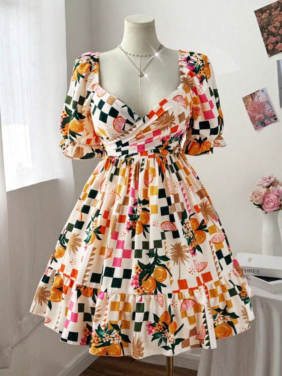 Flirla Đầm dài đến đầu gối họa tiết trái cây in cổ gà cho nữ cỡ lớn, dáng chữ A, nhiều lớp, thắt eo, giản dị, thanh lịch, ngày lễ - Nhiều màu - Xem 1