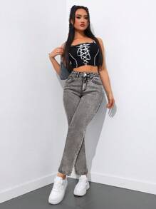 SHEIN Tall High Waisted Women's Denim Tapered Pants, Minimalist Fashion Suitable For Summer