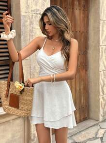 SHEIN Frenchy 女士短款休闲连衣裙，简约时尚，适合夏季 - 杏色 - 查看 3