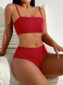 Swim Basics 夏季海滩女士纯色比基尼套装黑色两件套高腰比基尼套装 - 紅色 - 查看 1