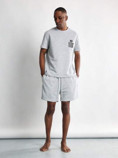 SUMWON No Sleep Club Loungewear Set Drawstring Shorts Matching T-Shirt Athletic Comfort Summer Gym Casual Home Coordinates