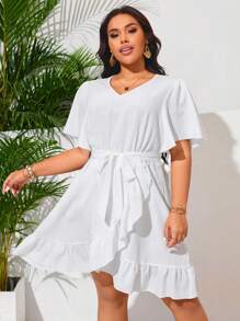 SHEIN Swim Curve Plus Size Women Short Sleeve Solid Color Tie-Waist Coverup For Summer Beach Vacation - White - View 4
