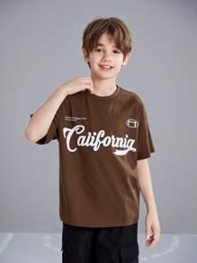 SHEIN Tween Boy Loose Fit Casual Sport Round Neck Pattern Short Sleeve T-Shirt - Brown - View 5
