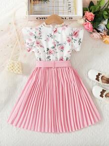 SHEIN Girls Children Summer New Elegant Ditsy Floral V-Neck Patchwork Pleated Dress With Belt, Young Girl Formal Dress - Pink - View 2