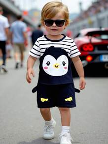 SHEIN 2 stuks/set babyjongens casual schattige cartoon pinguïn print kleurblok ronde hals verlaagde schouders losse gebreide korte mouwen top & shorts 2-delige outfitset voor lente/zomer