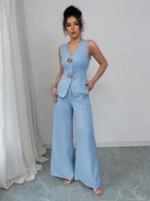 Selianne 纯色V领通勤风背心阔腿休闲两件套