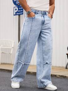 Manfinity Homme Men's Light Wash Denim Long Jeans With Zipper Detail And Wide Leg Fit - Light Wash - View 4