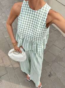 Siren Gaze Conjunto de blusón sin mangas con abertura en la espalda y volantes en el bajo a cuadros verde menta y pantalones anchos, conjunto de dos piezas de estilo boho chic de verano 2025 con tejido transpirable tipo lino para vacaciones, festivales y resorts de playa