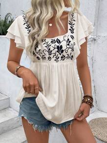 SHEIN LUNE Koszula damska letnia z kwadratowym dekoltem i haftem, z krótkim rękawem i baskinką