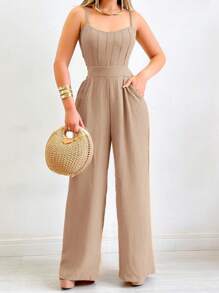 RosyDaze Women's Fashion Solid Color Waist-Cinching Sleeveless Jumpsuit