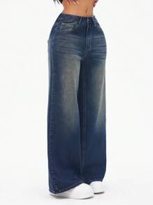 SHEIN ICON Jeans de pierna ancha y lavado vintage para mujer