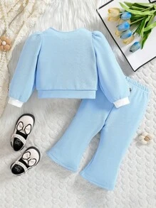 2pcs Baby Girls' Elegant Blue And White Contrast Puff Sleeve Blouse Top With Bow&Flared Pants Set,Autumn Mother Daughter Matching Outfit For Spring - Multicolor - View 2