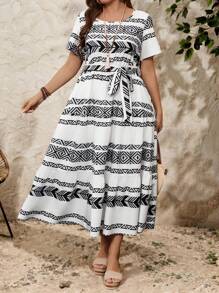 Breezaya Robe casual à nœud papillon avec imprimé bohème, grande taille, printemps/été