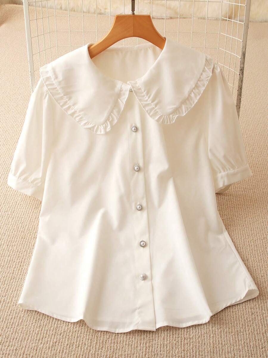 Chiquease Chemise élégante et décontractée pour femmes avec col claudine, couleur unie, manches courtes - Blanc - Voir 1