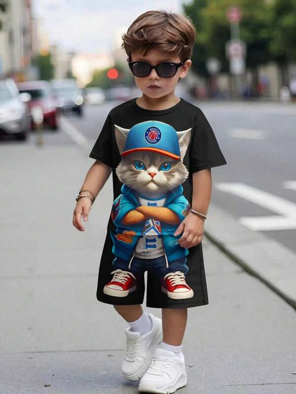 SHEIN Conjunto casual y sencillo de camiseta de manga corta con cuello redondo y pantalón corto con patrón de gato de dibujos animados para niño joven, adecuado para el verano