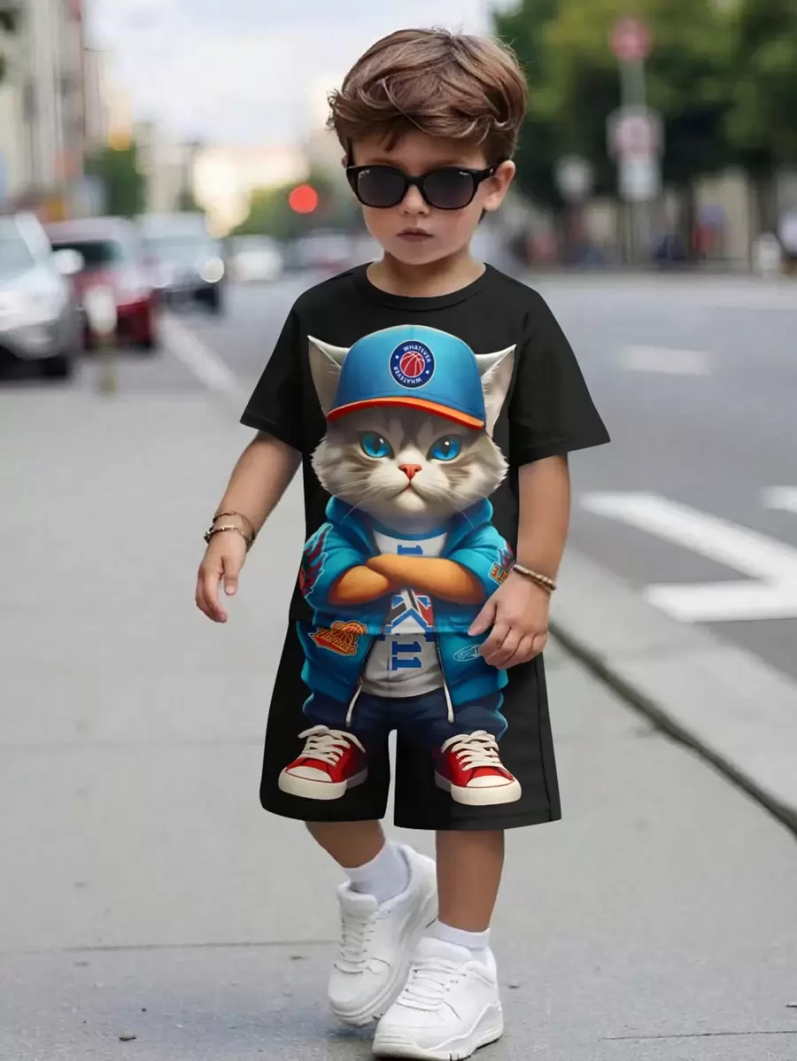 SHEIN Leap Crew Young Boy Casual And Simple Cartoon Cat Pattern Round Neck Short Sleeve T-Shirt And Shorts Set, Suitable For Summer - Black - View 1
