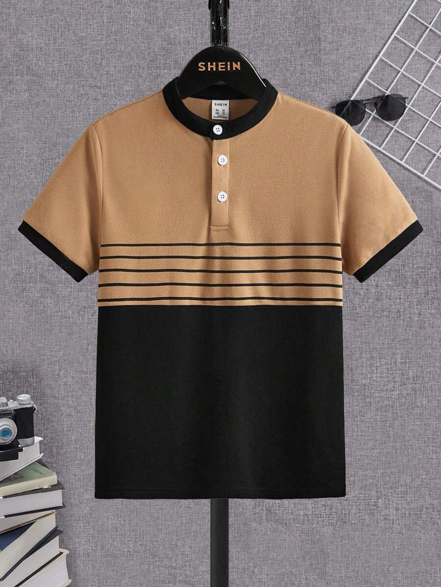SHEIN Boys Striped Print Colourblock Polo Shirt - Camel - View 1