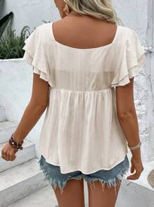 SHEIN LUNE Koszula damska letnia z kwadratowym dekoltem i haftem, z krótkim rękawem i baskinką