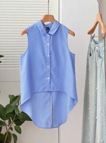 Franclia 女士休闲度假蓝白条纹蝴蝶结不对称下摆衬衫