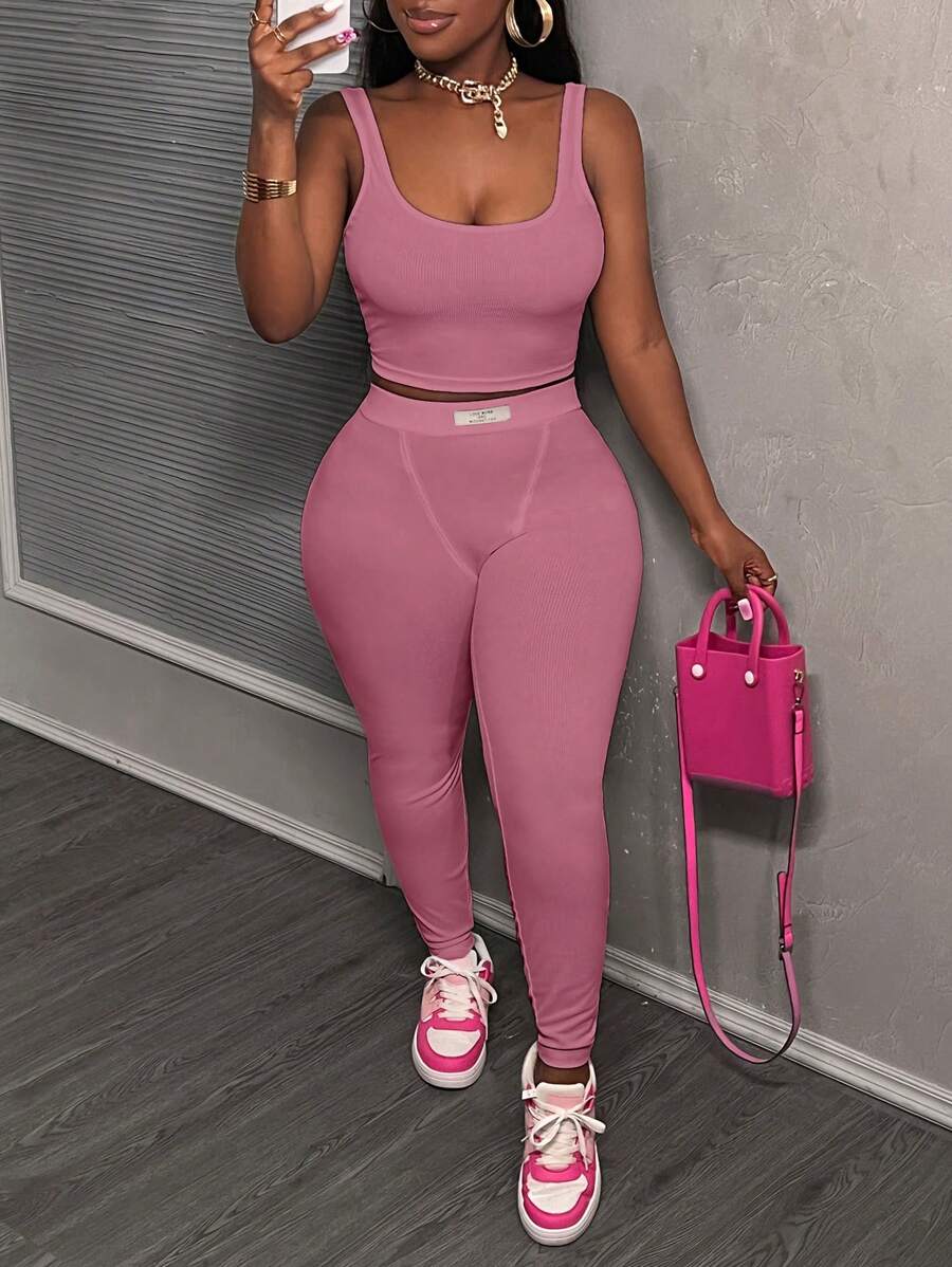 Slaydiva 2pcs Simple Casual Basic Athletic Summer Scoop Neck Sleeveless Crop Top And Skinny High Waist Ankle Pants Knitted Ribbed Tight Fitting Suit For Women,Summer Sets
