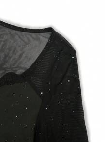 Women's Black Sexy Lace Knitted Long Sleeve Cocktail Dress - Black - View 5