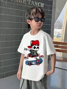 SHEIN Tween Boys' Casual Cartoon Pattern Short Sleeve Round Neck T-Shirt, Suitable For Summer - White - View 4