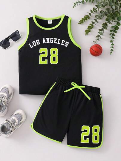 SHEIN 2pcs/Set Young Boy Letter Print Trim Crew Neck Top And Shorts Set