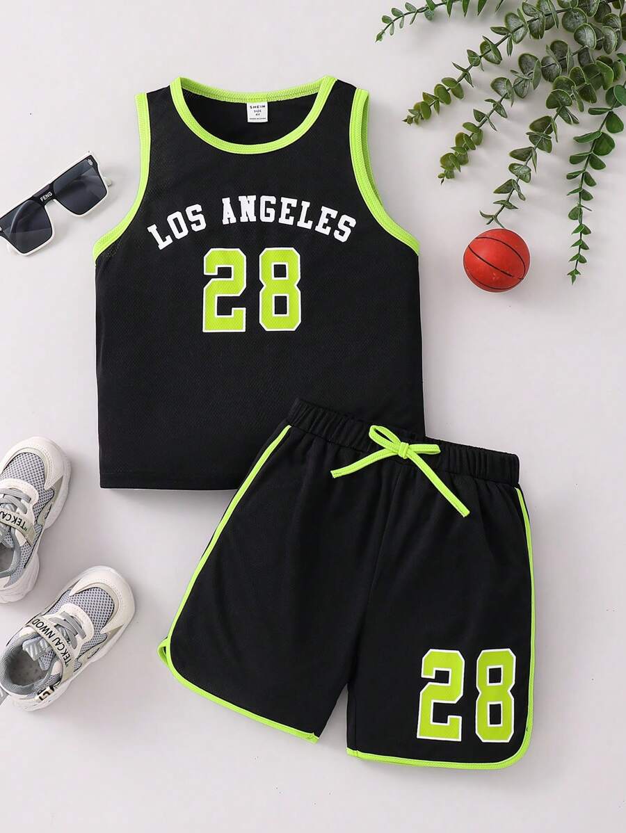 SHEIN 2pcs/Set Young Boy Letter Print Trim Crew Neck Top And Shorts Set