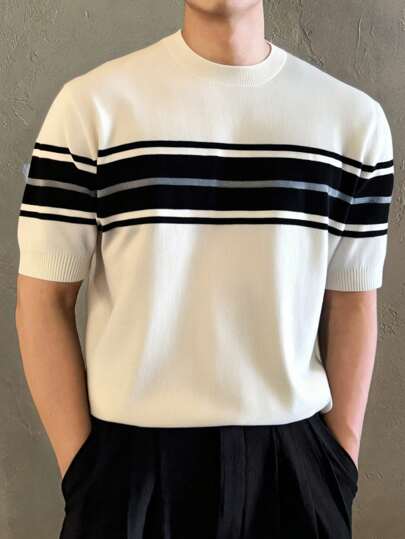 Claim Dot Men's Relaxed Fit Striped Crew Neck Short Sleeve Casual Knit Top,Suitable For Everyday Wea