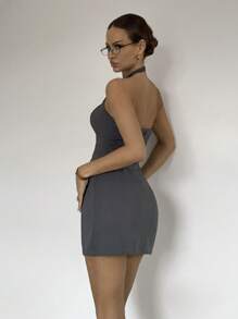 Siren Gaze 2025 Office Siren 2 件套 - 女士灰灰色露背吊带上衣和迷你裙搭配服装，2025 年工作至周末夏季套装，休闲工作服必备品 - 深灰色 - 查看 3