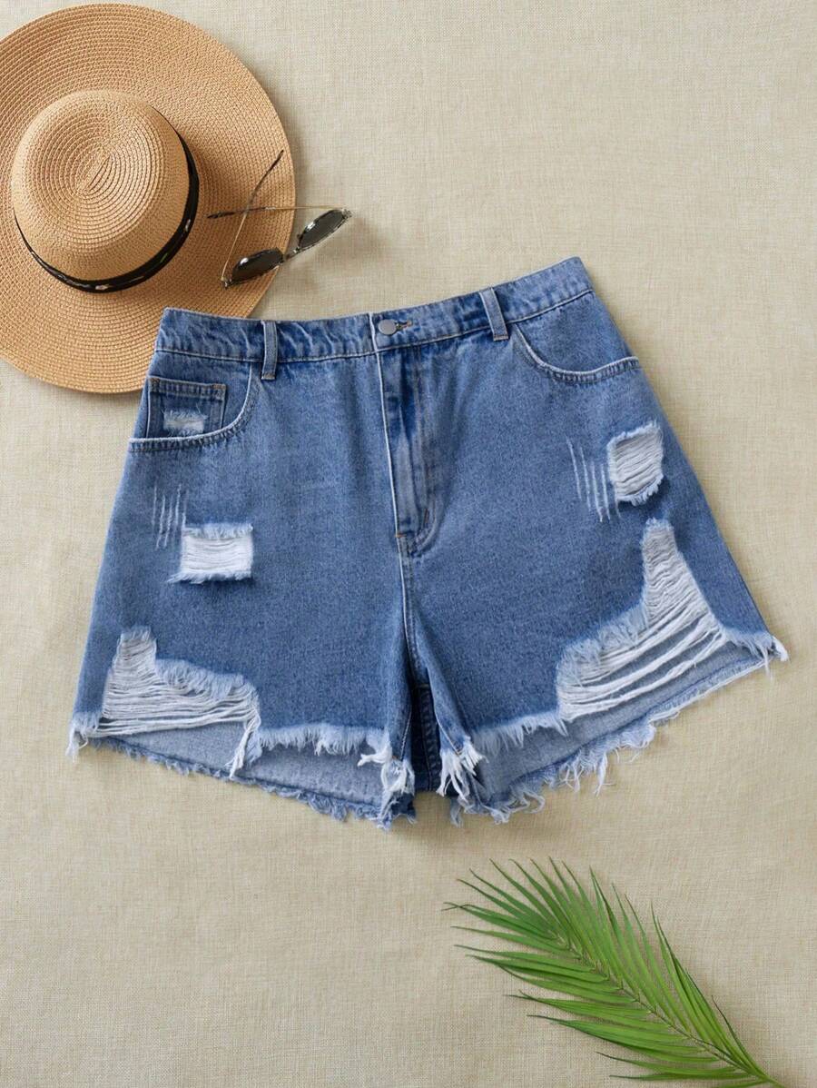 SHEIN LUNE 大码洗水破洞牛仔短裤