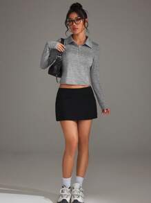 Easithlete 简约优雅纯色修身长袖运动 Polo 衫 - 淺灰色 - 查看 5