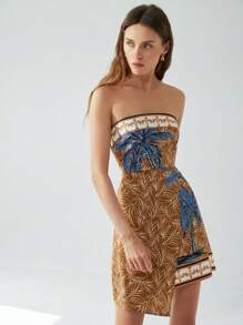 Aveloria Modichic Elegant Vacation Coconut Tree Print Bustier Faux Wrap Style Cinched Waist Women Short Dress