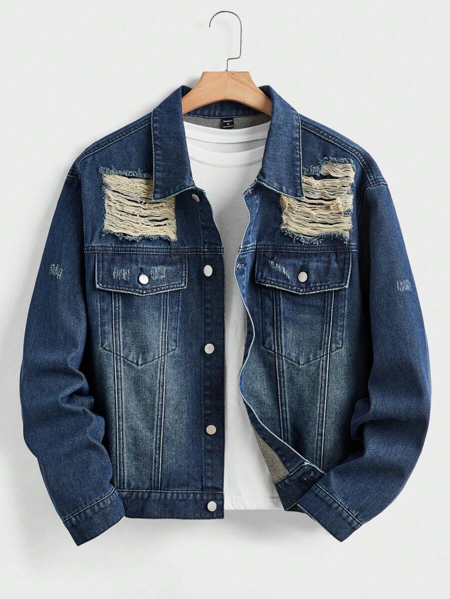 Manfinity Homme 男士休闲长袖单排扣口袋破洞牛仔夹克，秋季 - 淺色水洗藍 - 查看 1