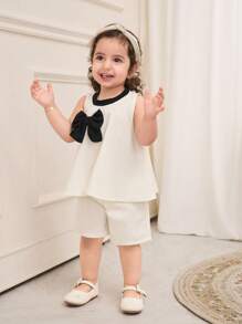 女婴 2 件套：白色无袖吊带上衣，黑色领口，黑色宽松长裤，3D 蝴蝶结装饰，适合上学、四季、外出旅行 - 米色 - 查看 4