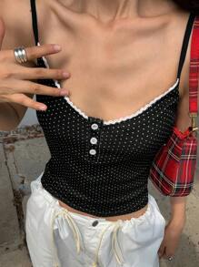 DAZY Lace Patchwork Polka Dot Print V-Neck Women Camisole Tank Top