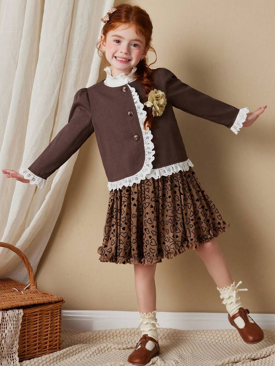 Blossori Áo khoác cài nút phía trước kiểu Pháp thanh lịch cho bé gái màu kaki ren viền, xuân/hè - màu nâu - Xem 1