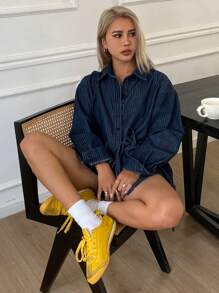 DAZY Striped Single-Breasted Denim Side Tie Blouse, Suitable For Everyday Wear,Jeans Jacket,Fall Women Clothes Long Sleeve Women - Dark Wash - View 5