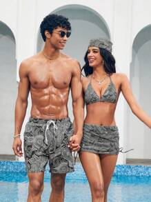Manfinity Shorts de playa con cordón para hombre con estampado de paisley