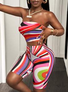 BamGleam 2 件彩色条纹印花短款上衣和紧身裤，紧身休闲性感运动套装 - 彩色 - 查看 3