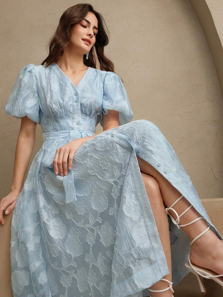 Women's Elegant Romantic V-Neck Puff Sleeve Cinched Waist Lace Trim Flare Hem Dress, Suitable For Dates, Banquets, Spring Outfits, Summer Clothes, Festivals, Holidays, Casual, Vacation