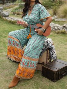 LanaWest Plus Size V-Neck Straight Jumpsuit With Short Sleeves - Multicolor - View 8